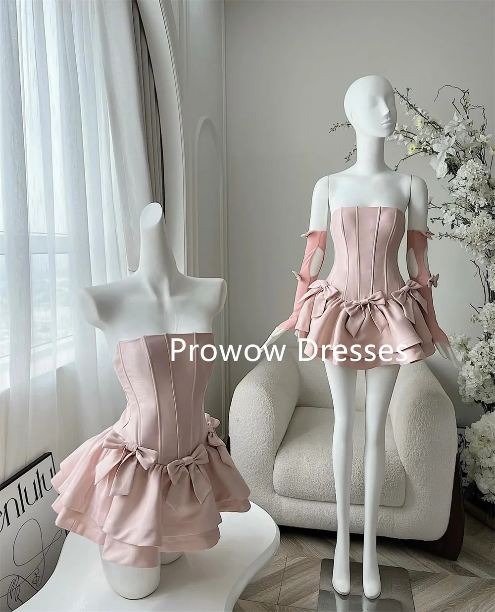 Prowow Strapless Mini Prom Cocktail Dress With Gloves A Line Wedding Party Dress Women Formal Gown