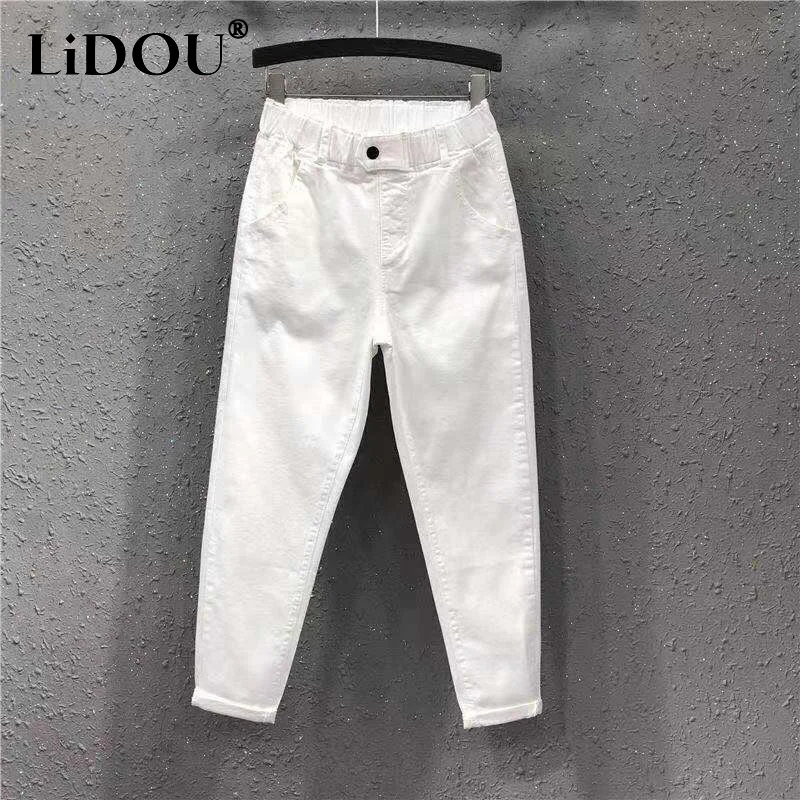 Spring Summer Solid Color Haren Pants Women Elastic Waist Pockets Ankle Length Trousers High Waist Casual Loose Female Clothing neophil 2022 summer women denim jeans pants korean style high wasit straight casual pockets female ankle length pants 5xl p21411