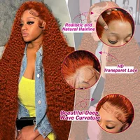 250 densité 350 Orange gingembre bouclés perruques de cheveux humains pour les femmes 13x6 Hd dentelle frontale vague profonde perruques brésilienne vague d'eau couleur perruque 5