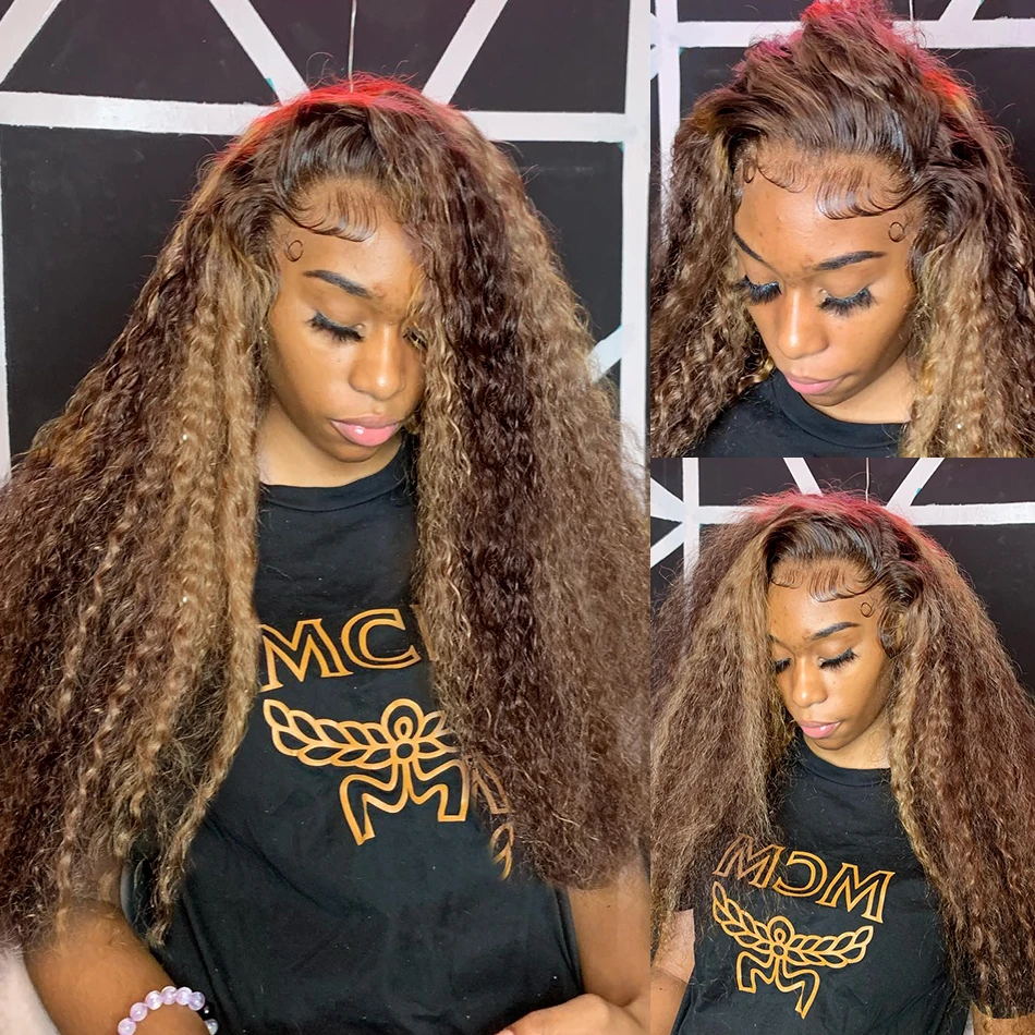 30 Inch Highlight Ombre Deep Wave Lace Front Human Hair Wigs Honey Brown Colored 13x6 HD Curly Transparent 13x4 Lace Frontal Wig
