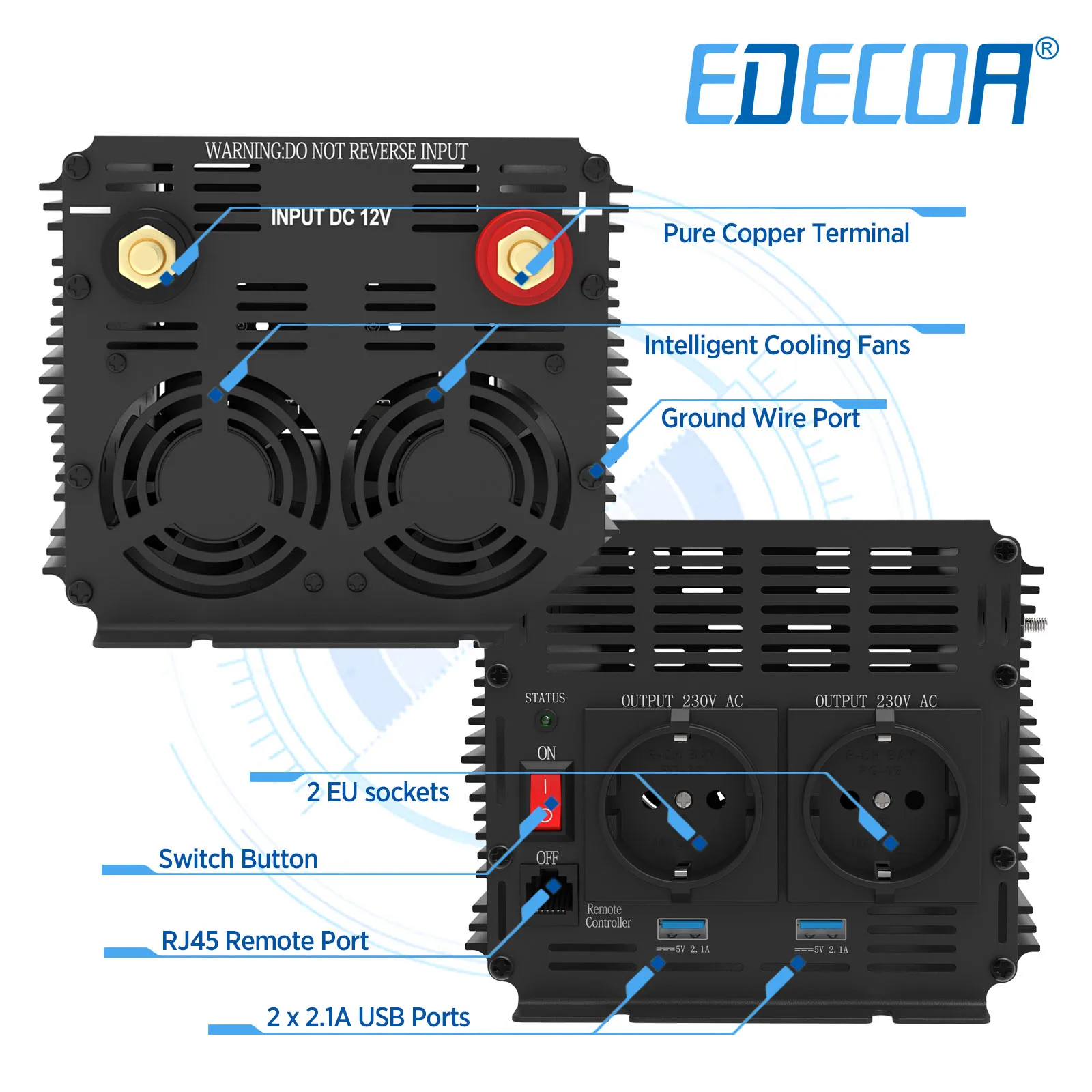 EDECOA Reiner Sinus Spannungswandler 12V 230V 1500/3000 Watt in