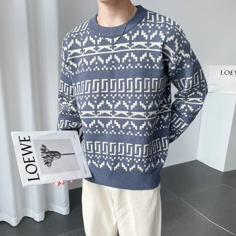 New Autumn and Winter Men  Fashion Handsome National Style Sweater Pullover Loose Casual Young Trend Daily Crewneck Jacquard Top