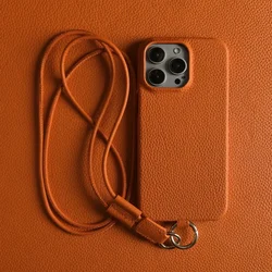 Luxury Cowhide Genuine Leather Crossbody Phone Case with Lanyard Strap - iPhone Air (Orange 6308)