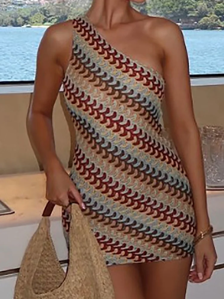Sleeveless Patchwork Retro Print Party Dress, Women Spring Summer Backless Sexy Mini Dress, Elegant One Shoulder Ladies Dresses 1