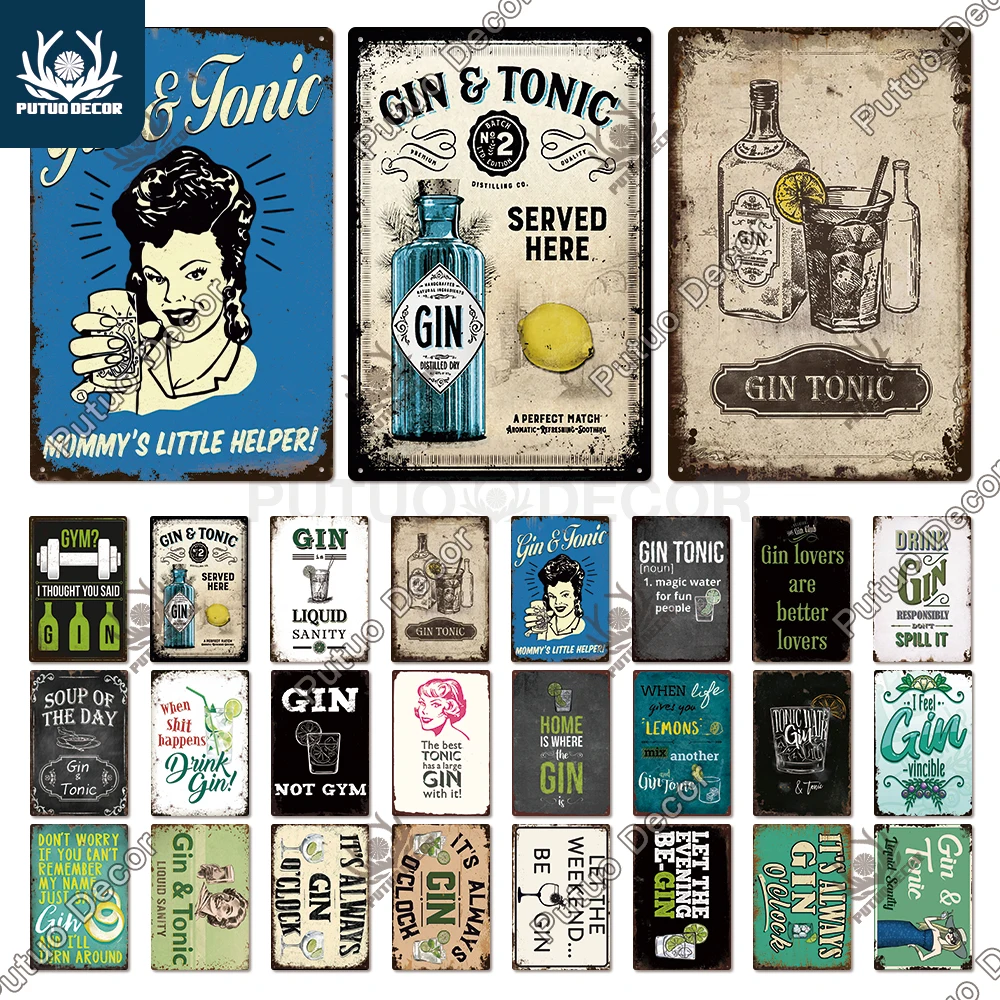 Putuo Decor GIN Plaque Metal Vintage Tin Sign Retro Alcohol Plaque Wall Art Posters for Kitchen Bar Pub Man Cave Club Home Decor putuo decor alcohol mojito beer brand tin sign vintage metal plate retro tin poster home decorative bar club man cave wall decor