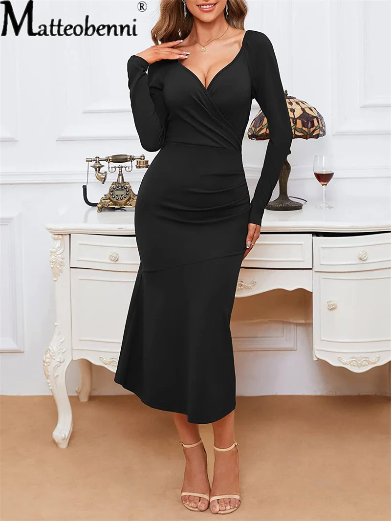 

Sexy Backless Dresses Fashion Crossed Deep V Neck Bubble Sleeve Teenage Girl Dress Party Ceremony Shrink Waist Women's Clothing