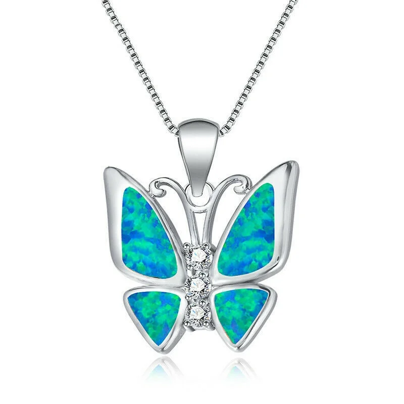 White Simulated Opal Butterfly Silver Pendant Necklace - Image 2