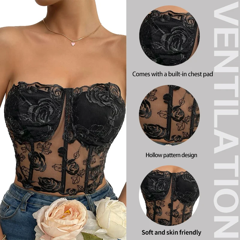 Hot and Sexy Women's Chest Wrapping Rose Embroidery Sleeveless Fishbone Bra Summer New Women's Tight and Naked Top