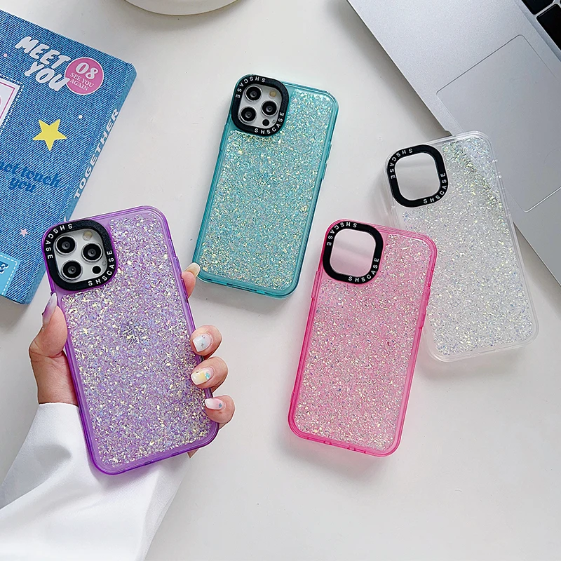 Per Iphone 15 14 13 12 11 Pro Plus Max Custodia Glitter Gold Silver Foil Lens Ring Cover Clear Soft Shell Anti-Caduta Fundas Antiscivolo