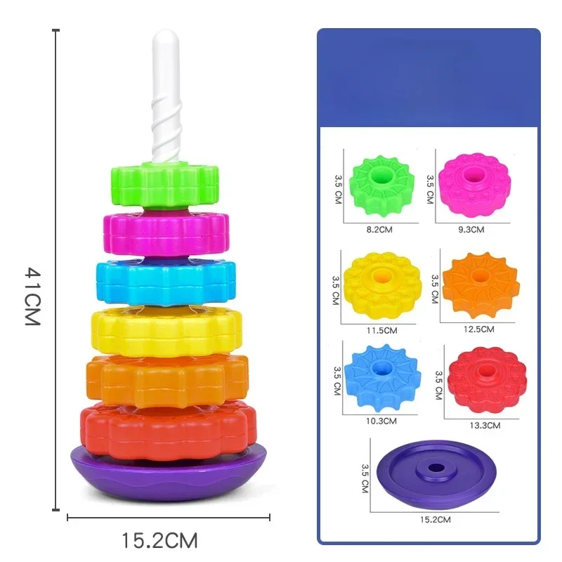 Educational Toys Montessori Rotating Rainbow Tower Baby Stacking Puzzle Toys Safety Environmental Protection Colored Children's Toys