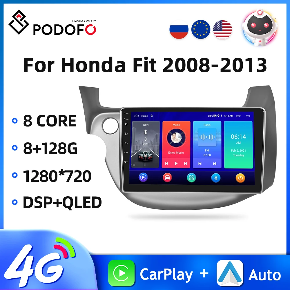 

Podofo 2Din Car Radio Android Car Multimedia Player For Honda Fit 2008-2013 AI Voice GPS Navigation WIFI 8Core DSP Carplay RDS