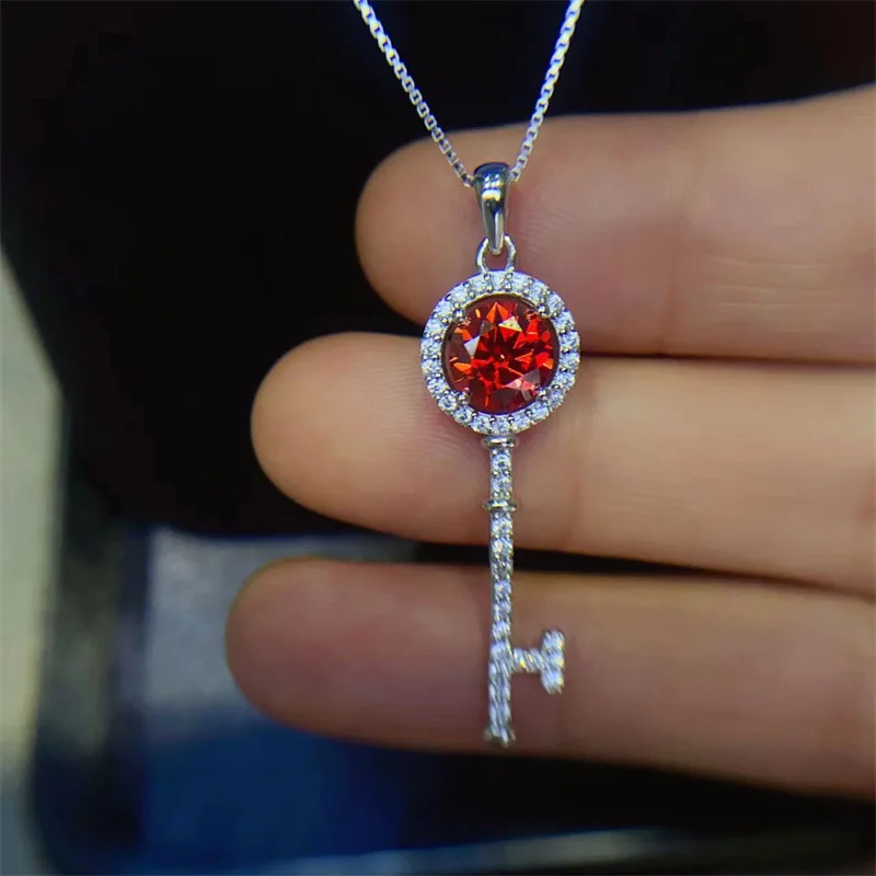 

SHOTTOR 1Carat D Color VVS1 Key Red Moissanite Necklace For Women Men Platinum Plating 925 Silver Diamond Pendentifs Top Jewelry