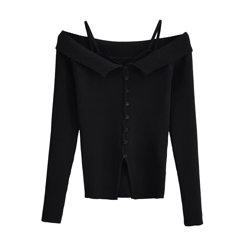

Fake Two-Piece Long-Sleeved Black Knitted Shirt for Women, Single-Breasted, Slim Fit, All-Match Tops, Sexy Backless, Autumn, New