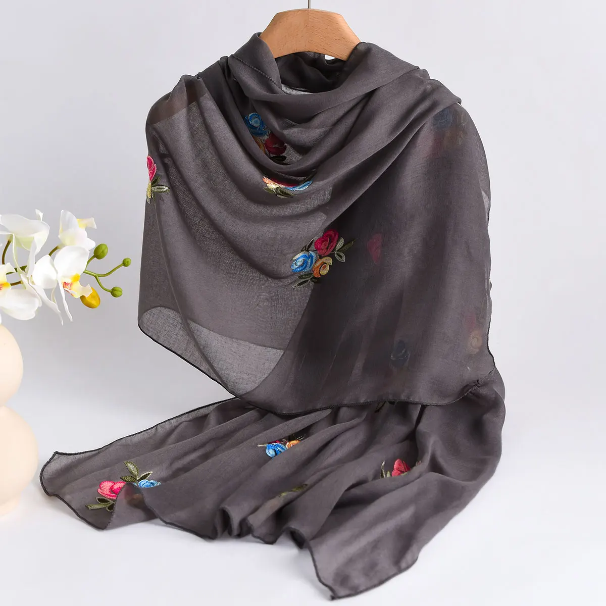 Latest Fashion Embroidery Floral Long Scarf Hijab Woman Shawl Summer Solid Color Wraps For Ladies Stole Headband 2025