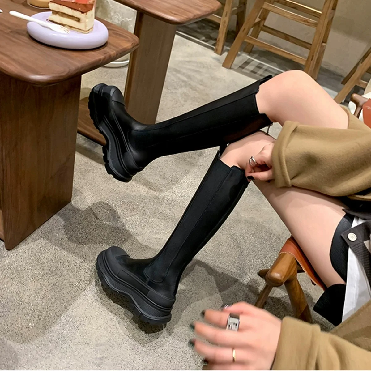 

Platform British Style Knight Boots Leather Back Zipped Chelsea Botines Slip-On Elastic Thick Heel High Botas Femininas Zapato