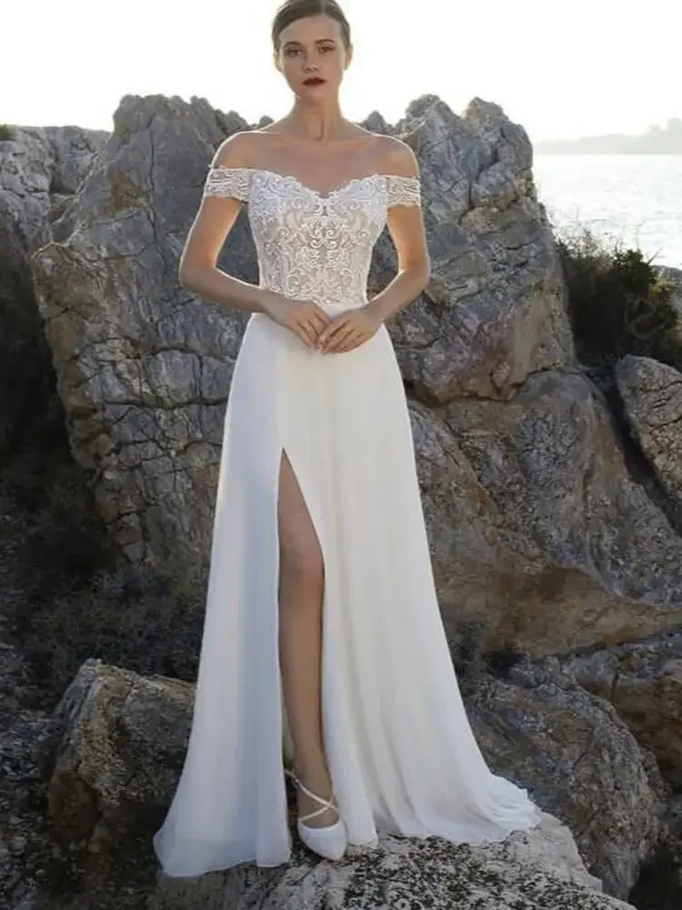 

Flavinke Simple Beach Wedding Dresses For Women applique Bridal Gown Off The Shoulder Side Slit Floor Length Chiffon Bridal Gown