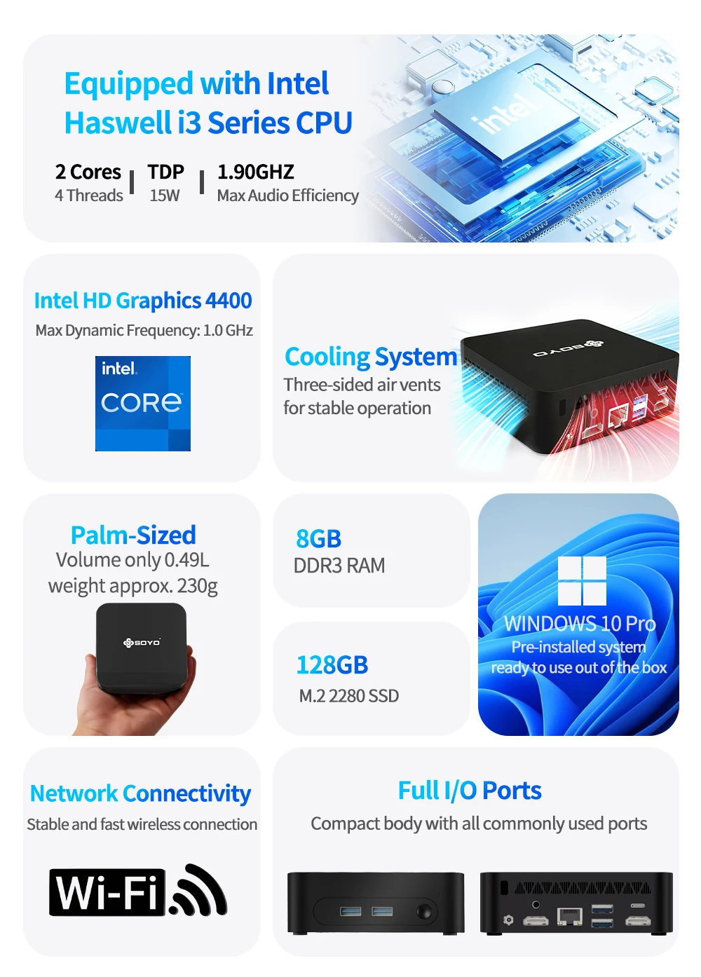 Soyo Mini Pc Y5 Intel Core I3 4Th Gen Processor 8Gb Ram 128Gb Ssd Windows 10 Mini Desktop Computer 4K Multi-Screen Output Wifi & Bluetooth 4.2 Usb-C Rj45 Ethernet Small Compact Pc for Home, Office
