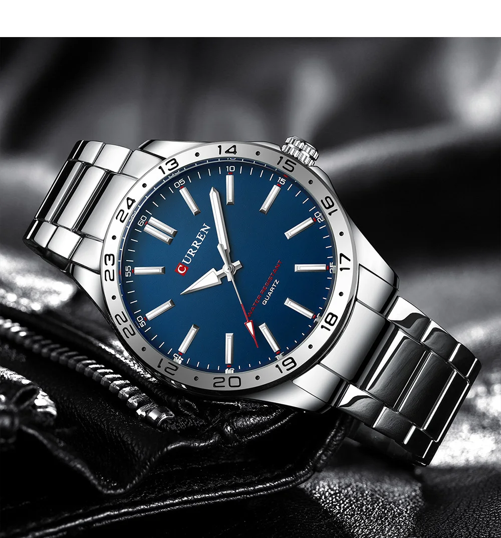 CURREN Orologio Da Uomo Cronografo Al Quarzo - Cinturino In Pelle, Cassa 47 Mm, Datario, Impermeabile 3 ATM, Colore Argento/blu