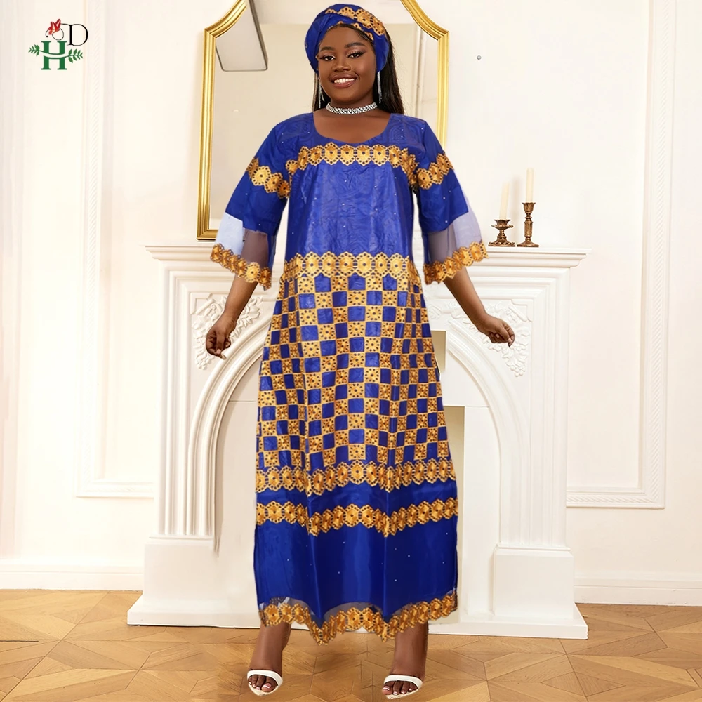 H&D Women Traditional African Dresses Bazin High Quality Embroidery Dresses Blue Traditional Dress for Wedding Party Occasions
