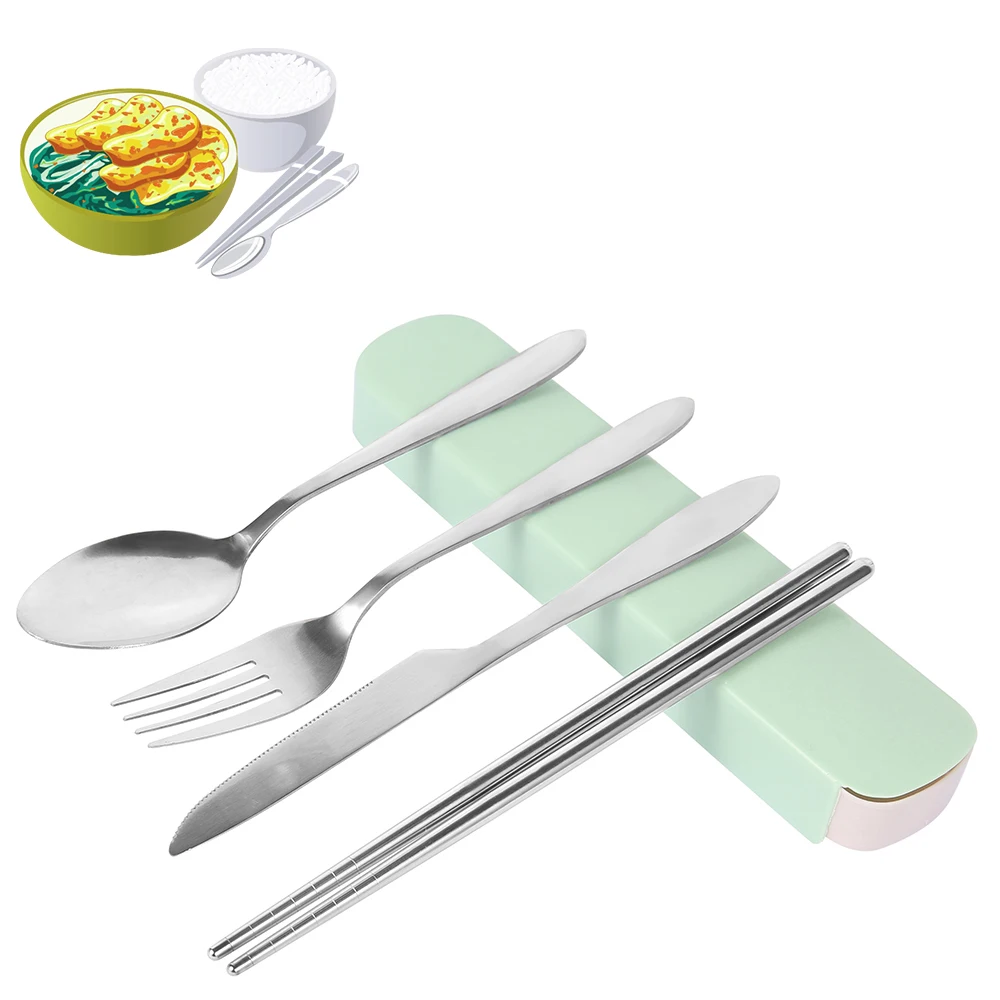 Portable Cutlery Set Stainless Steel Silverware Set with Case for Meal Box Reusable Travel Camping Flatware 4pcs