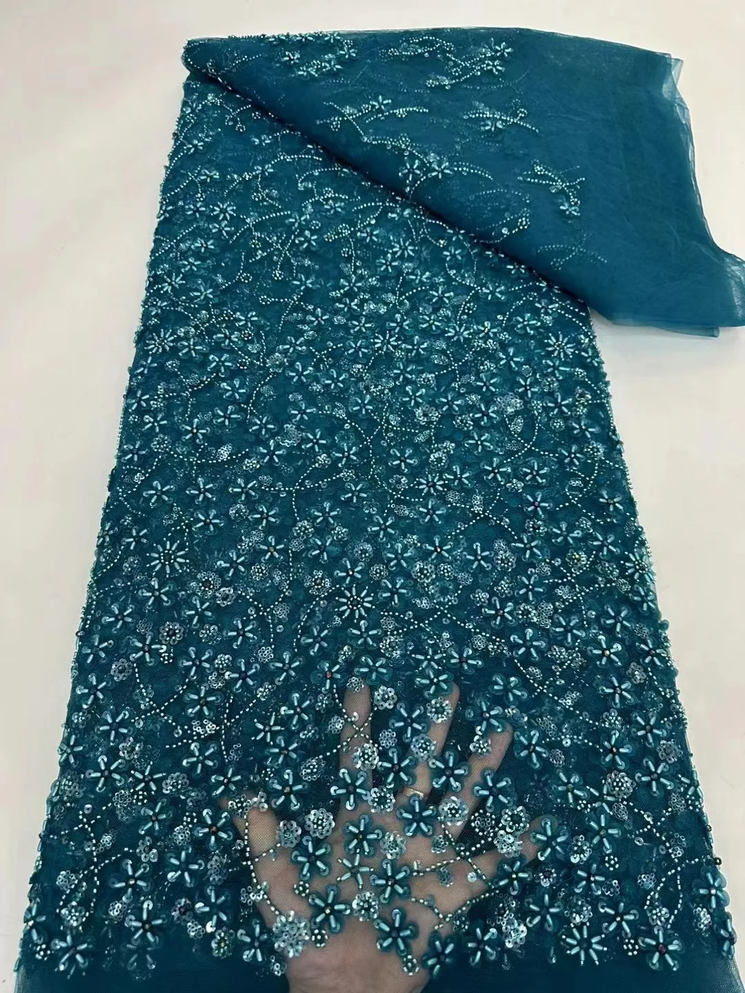 

Latest 5 Yards African Nigerian Sequins Beads Lace Fabrics 2024 High Quality French Tulle Lace Embroidery Beaded Luxury Lace