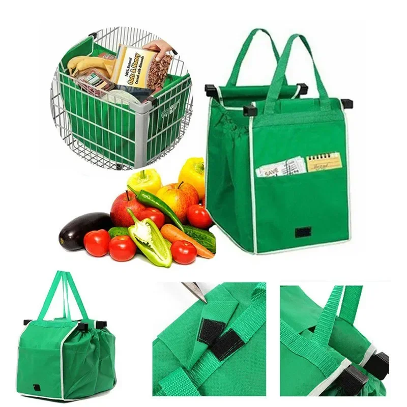 

New Green Supermarket Trolley Shopping Bag Non-woven Fabric Handbag Environmental Protection Folding Bag Convenient Hanging Bag