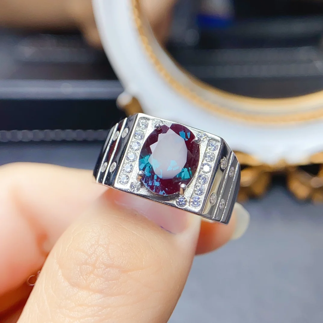 Oval cut 8x10mm alexandrite man s ring 925 sterling silver change color