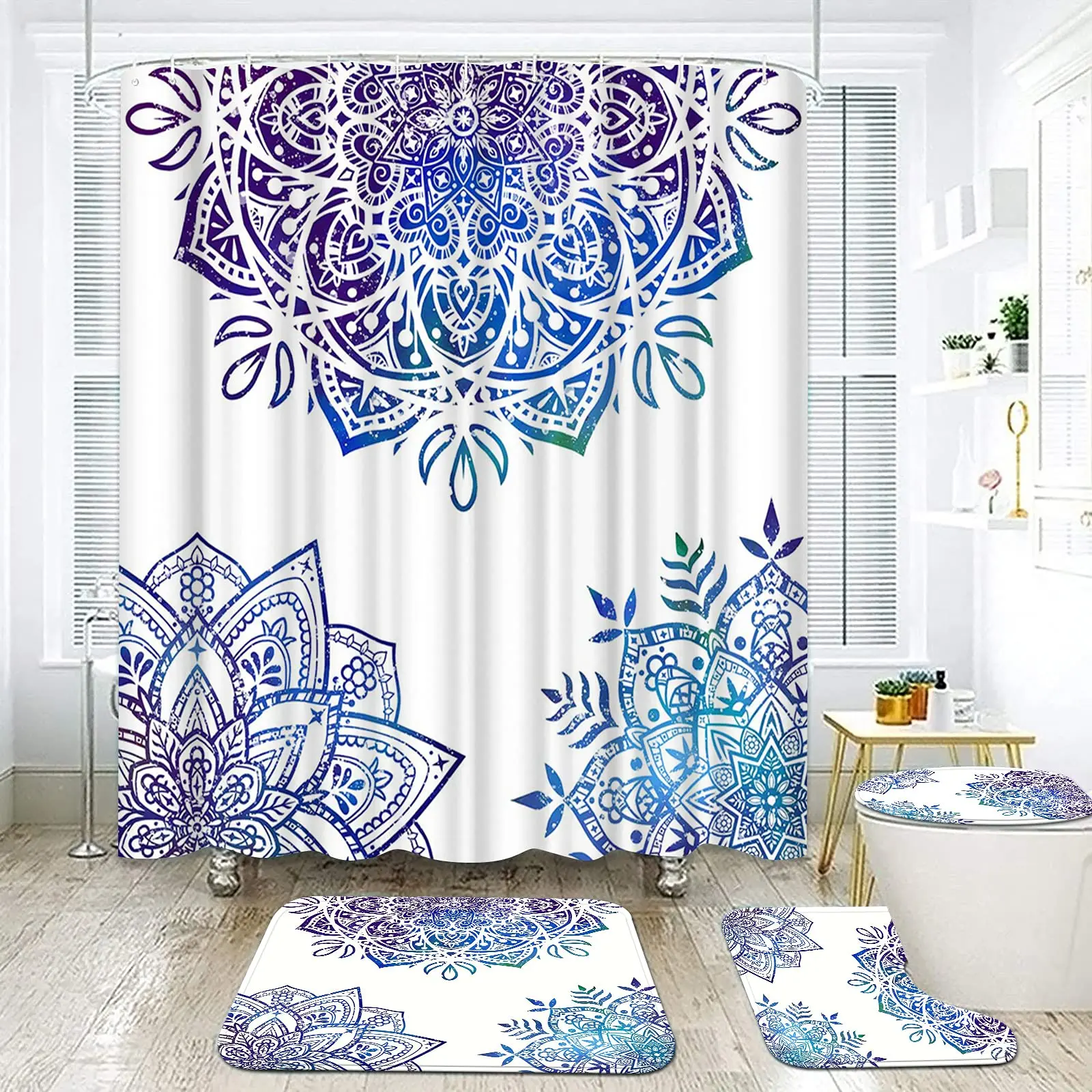 

Mandala Shower Curtain Set with Rugs Bohemia Flower Boho Shower Curtain with Bath Mat Bath Rugs Bathroom Decor Set of 4 Pieces