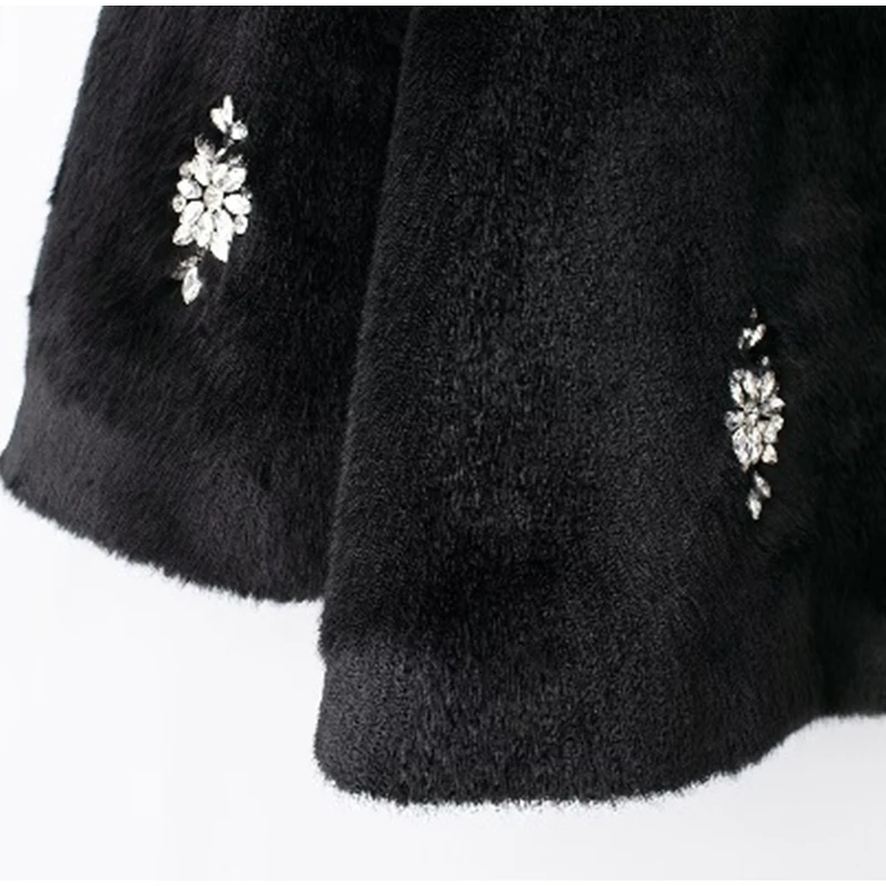 Abrigo de piel con joyería vintage para mujer, chaqueta holgada de manga larga con cuello redondo y felpa negra de invierno, abrigo grueso y cálido elegante para mujer