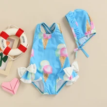 

Summer Toddler Girls Bikini Ice Cream Print Sleeveless Backless Swimsuit Back Cross U-Neck Swimwear Hat