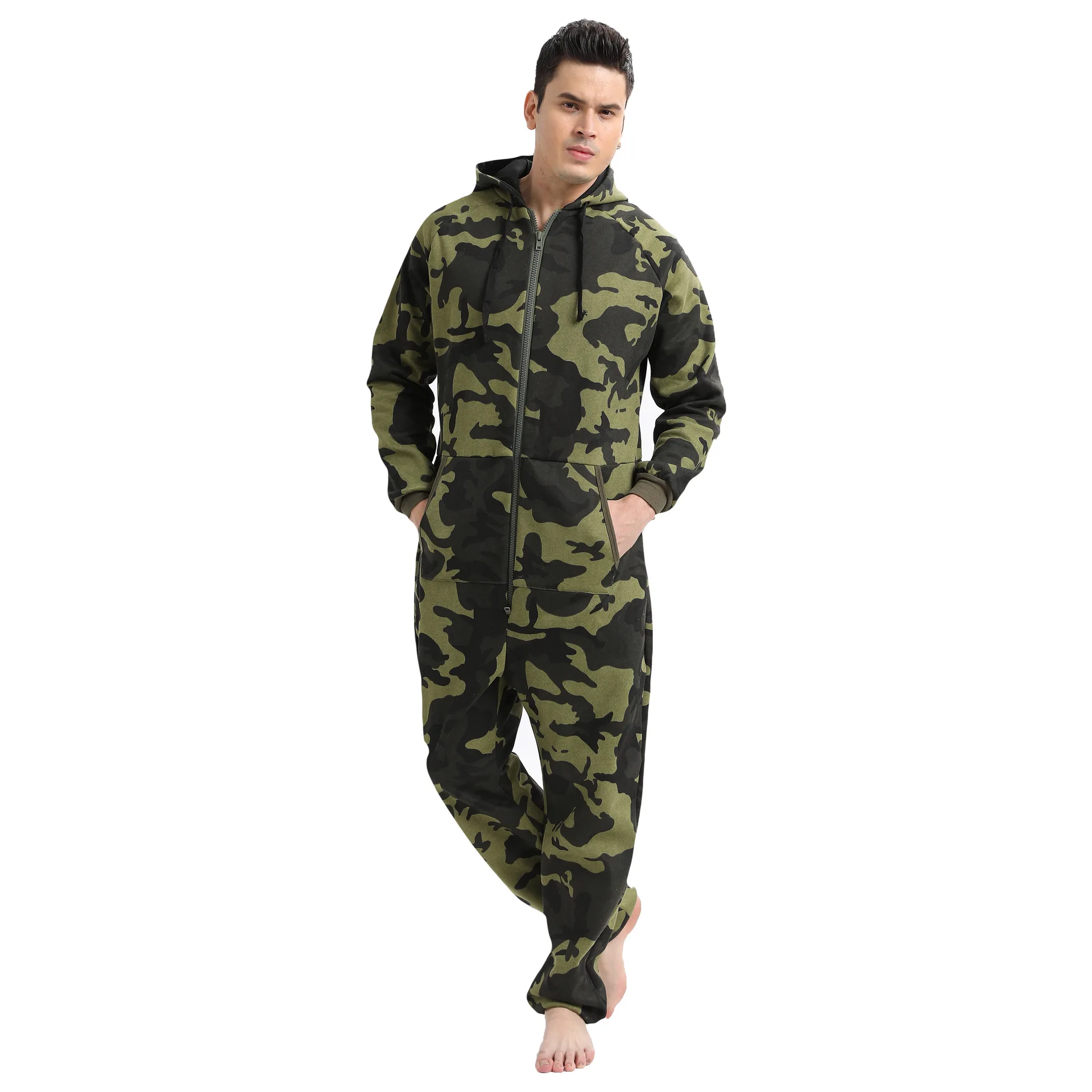 Men Long Sleeve Hooded Onesie Homewear Spring Autumn Green Camouflage Print Pajamas Sleepwear
