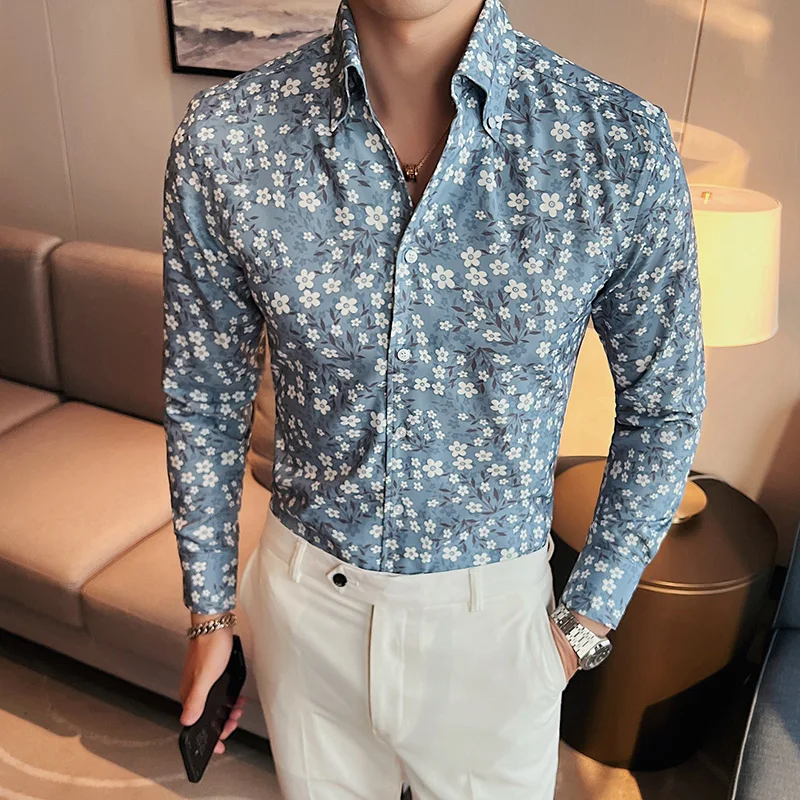 

Trend V-Neck Floral Shirts for Men Streetwear Flowers Printed Slim Fit Chemise Homme Luxe Haute Qualite Long Sleeve Dress Shirt