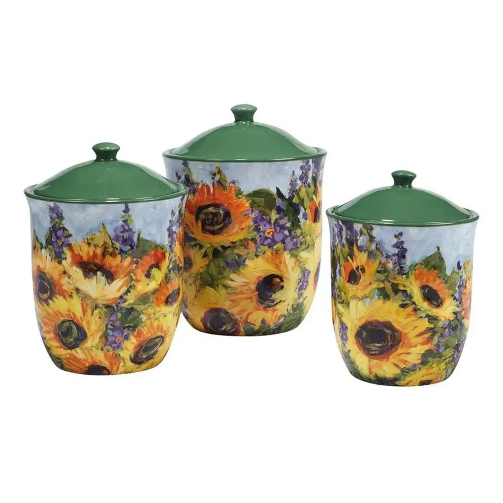 

Sunflower Bouquet Ceramic Canister Set 3pc Earthenware Storage Containers With Lids Collection Kitchen Dining Serveware