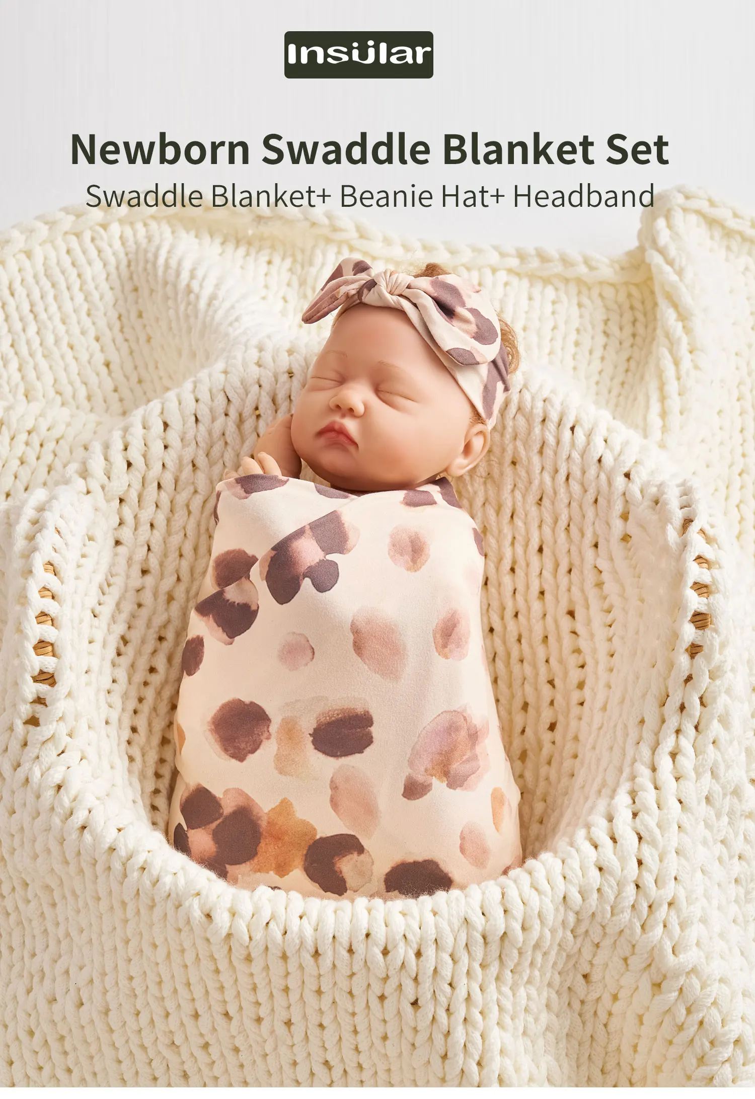 Insular 3pc Newborn Printed Scarf Fetal Cap Hair Band Baby Printed Scarf Baby Swaddling Towel Set Baby Wrapping Swaddle Blanket 5