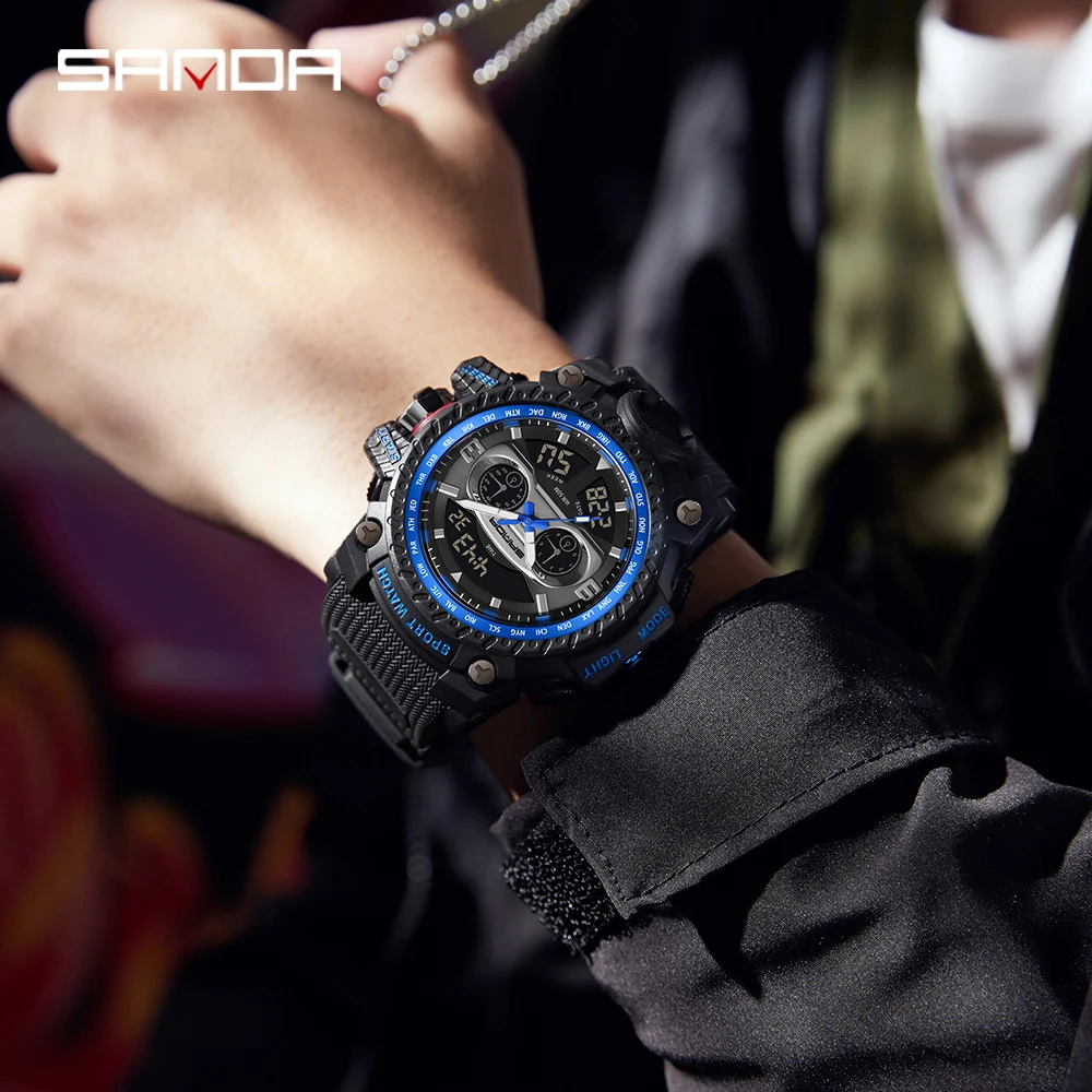 SANDA Men's Watches Sports Military Quartz Watch 50M Waterproof Dual Display Digital Wristwatch For Male Relogio Masculino 3153