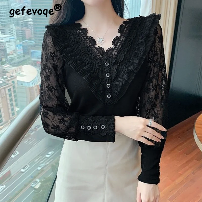 

Spring Autumn Elegant Fashion V-neck Lace Shirt Female Long Sleeve Oversized Hollow Out Blouse Women Loose All-match Ruffles Top