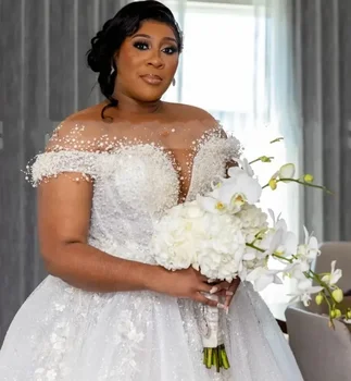 Abito da sposa personalizzato per la sposa, scollo trasparente, schiena con lacci, decorazioni con perline, paillettes e perle, taglie plus size, abiti da sposa africani per donne.