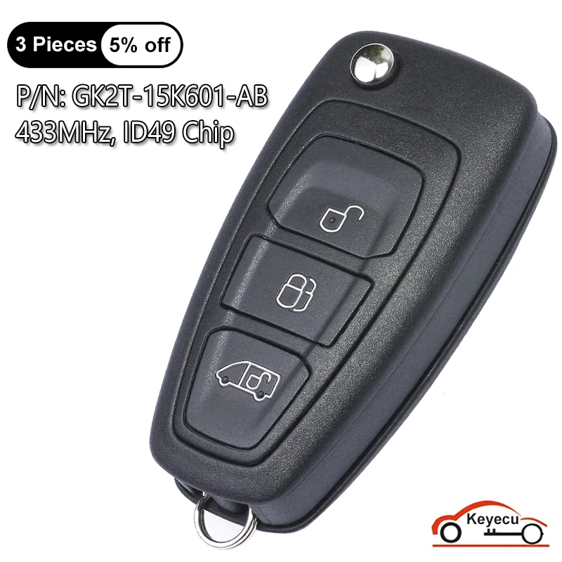 Car Remote Key KEYECU 3 Buttons 433MHz ID49 for Ford Transit / Transit Custom/ Tourneo 2015-Flip Remote Key Fob GK2T-15K601-AB / AA