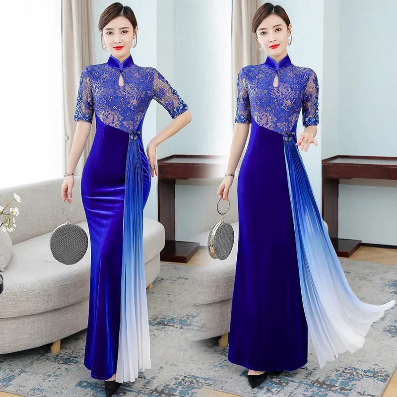 

Long Eleganti Women Banquet Cheongsam Evening Dress Slim Qipao Vintage Traditional Stage Costumes Gold Velvet Chinese Dress New