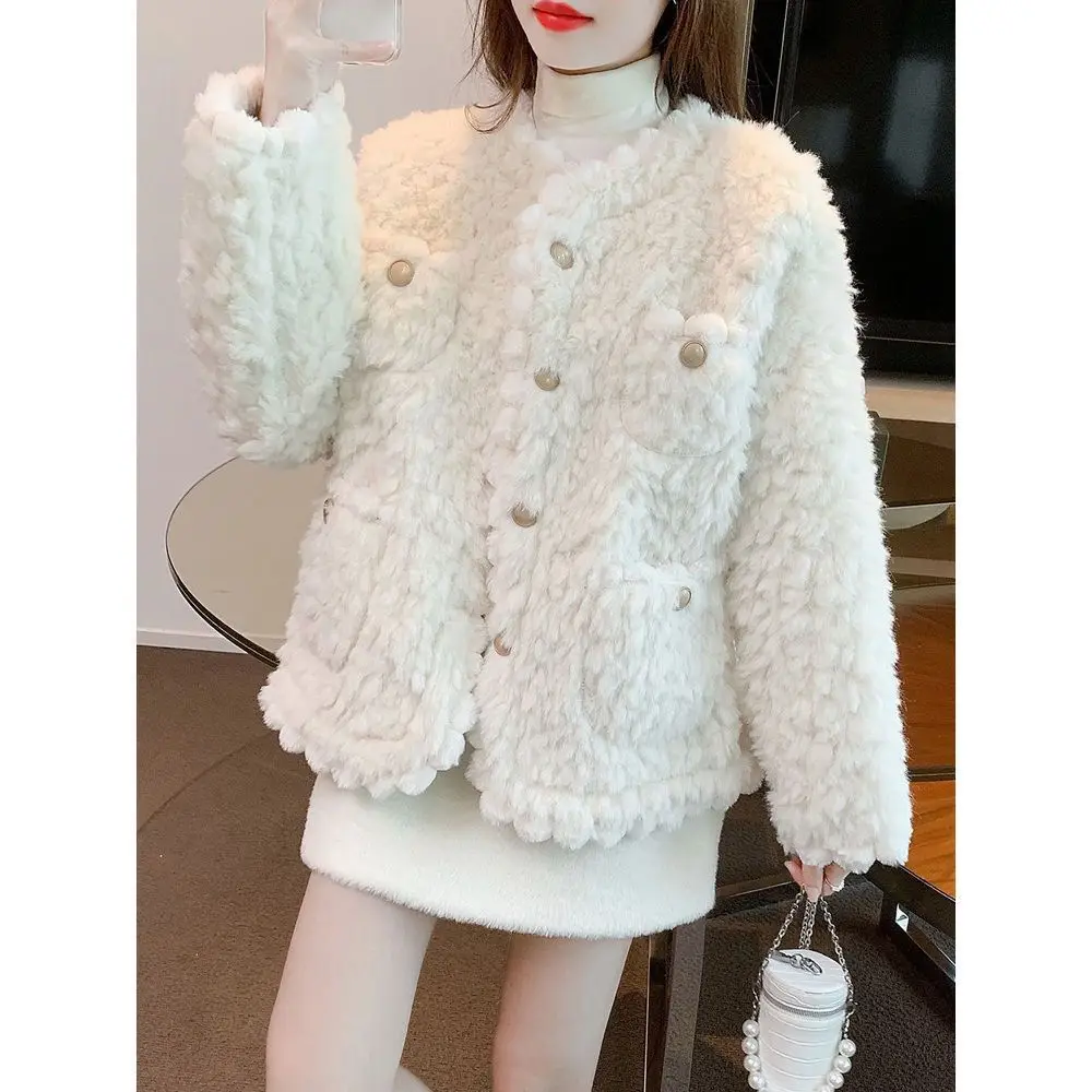Luxury Faux Fur Coat Women Autumn Winter Jacket Crop Tops Long Sleeve Warm Kawaii Clothing O-neck Jacket Korean Fashion