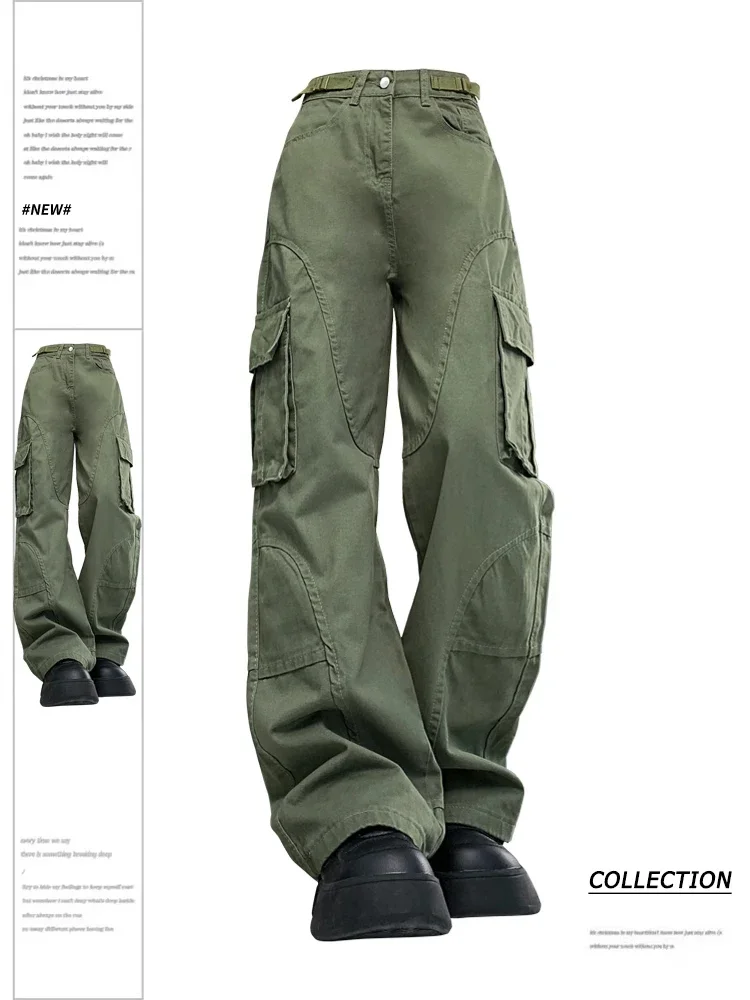 

Женские зеленые брюки-карго, уличная одежда в стиле Харадзюку, прямые брюки Y2k, 2000s, парашютные брюки, винтажные брюки, модная одежда
