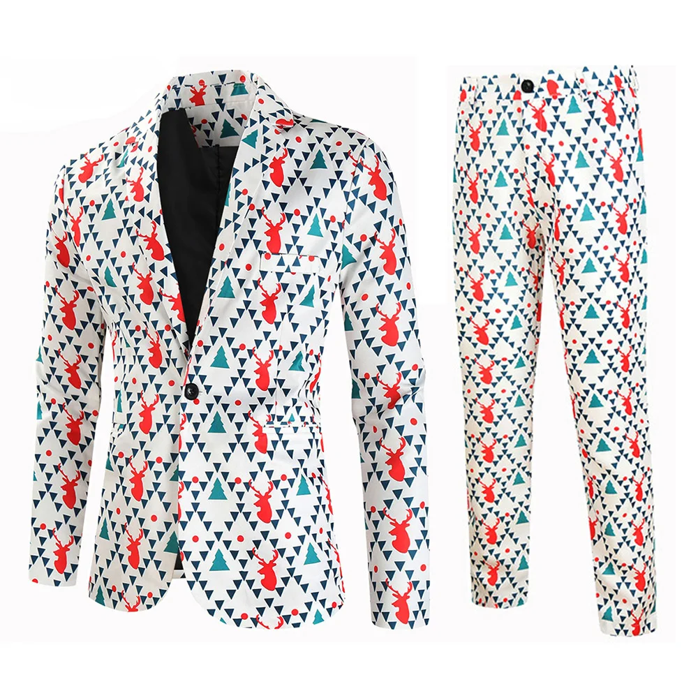 thumbnail image 1 of Traje de negocios informal navideño para hombre, 2 piezas, chaqueta de un botón, pantalones, feo y divertido conjunto con estampado de muñeco de nieve y alce navideño para hombre, 1 of 5