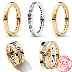 Romantic 925 Sterling Silver Single Row Sparkling Pavé Heart Hollow Red Heart Ring Women's Gentle Style Accessories