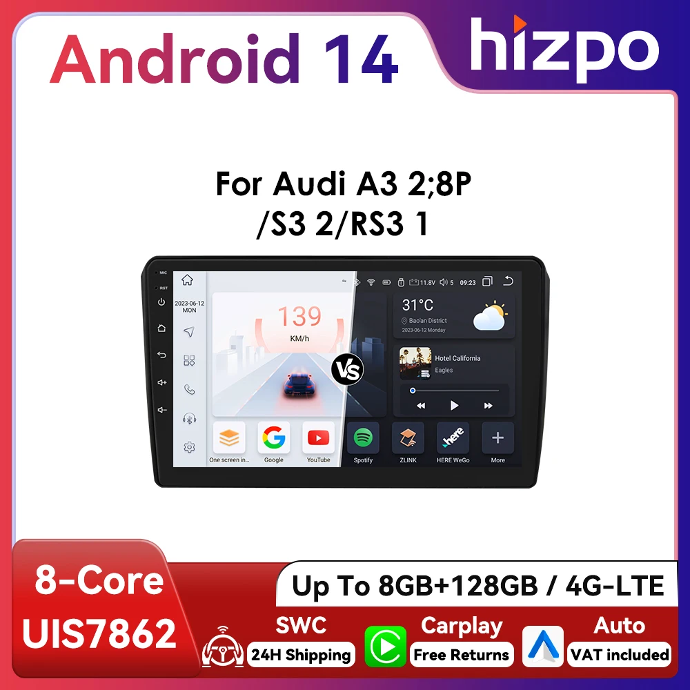 Autoradio 9 " Hizpo Android14 para Audi A3 8P 2003 - 2013 UIS7862 Multimedia RDS DSP CarPlay 4G BT navegación GPS SWC 360CAM 1