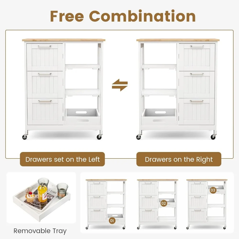 Kitchen Storage Island Cart on Wheels, Kitchen Rolling Trolley Cart with 3 Drawers and Shelves, 360&deg; Wheels & Detachable