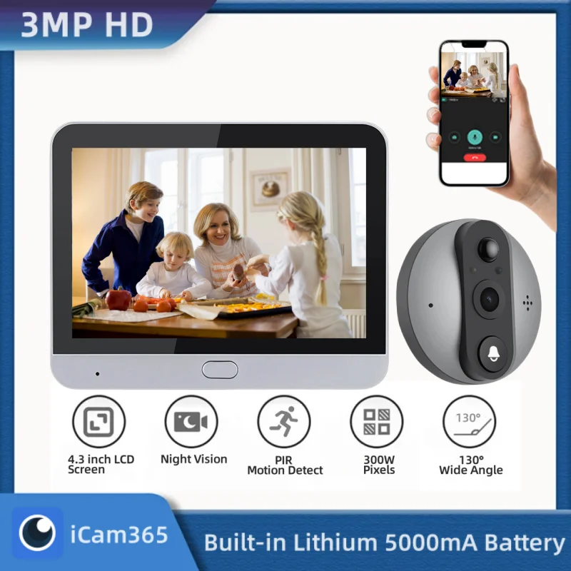 3MP Wireless House Door Eye Camera iCam365 Smart Home Security Peephole Doorbells Support PIR Motion Detection Video Call