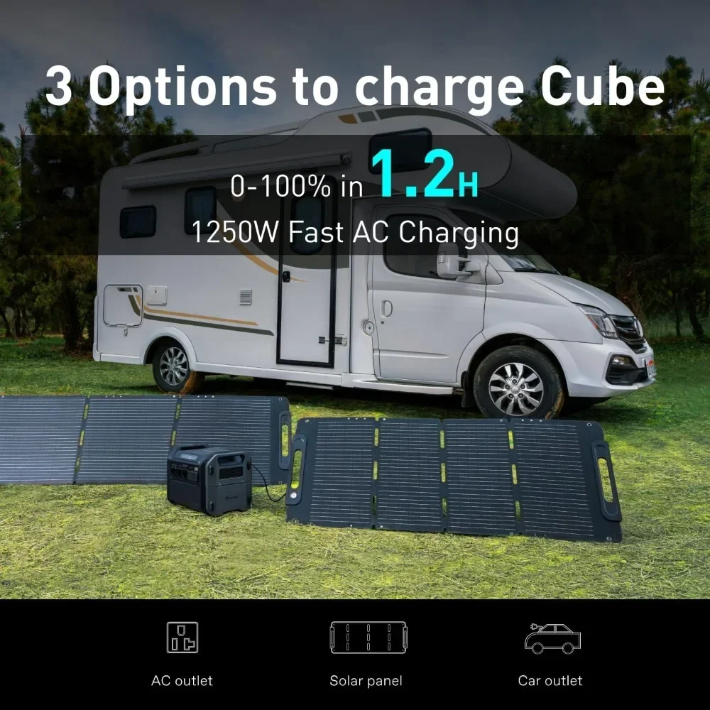 Portable Power Station Cube 1000 2200W AC Outlets 1024Wh LiFePO4 Batter Expandable Battery Capacity up to 5kWh Solar 2