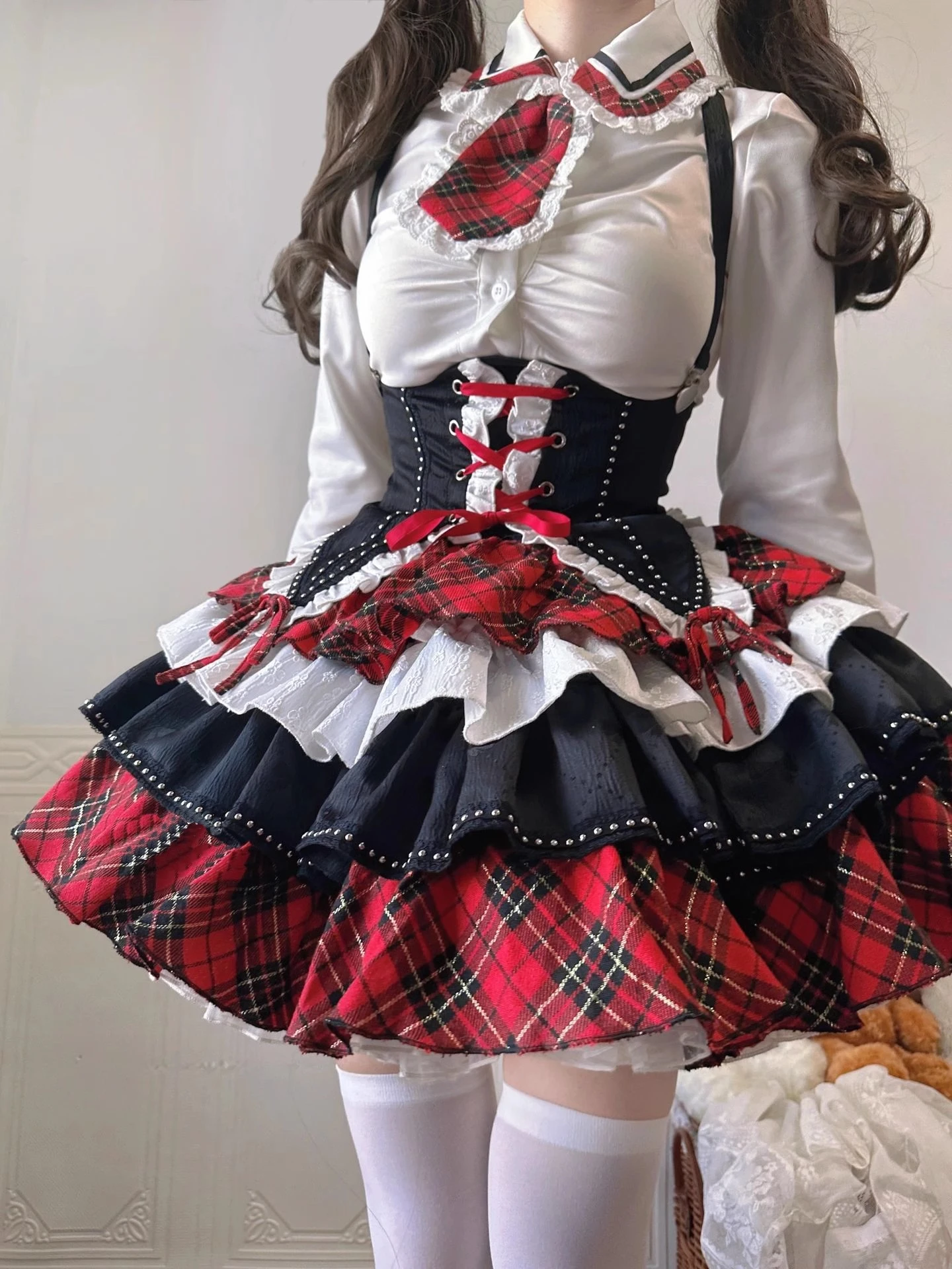 

Black and Red Suspender Waist-Tied Shirt Pettiskirt