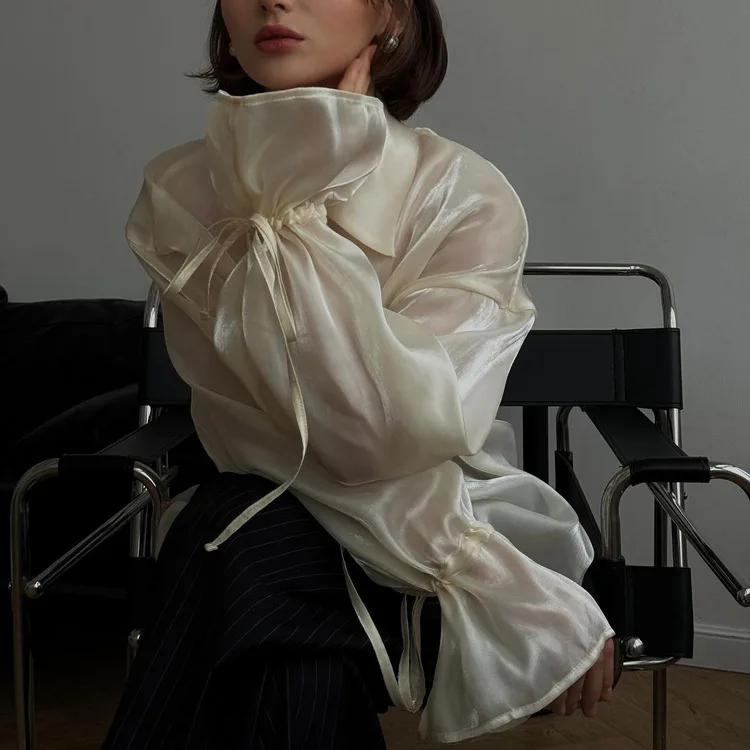 Blusa informal holgada transparente con solapa y manga larga con cordones para mujer, ropa de verano 2025, con parches lisos