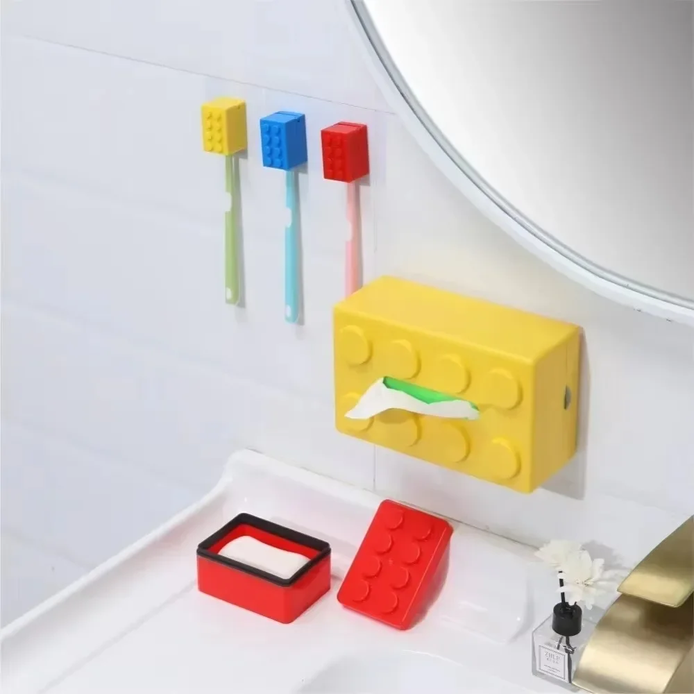 New Creative Building Blocks With Spring Tissue Box Wall-mounted Perforation-free Paper Holder Bathroom Face Towel Box Organizer 3